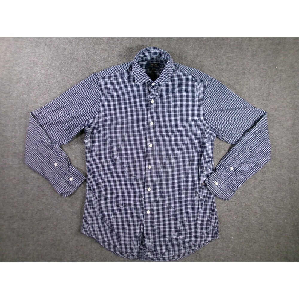 Polo Ralph Lauren Shirt Mens Large Blue Gingham Slim Fit Poplin Stretch Classic